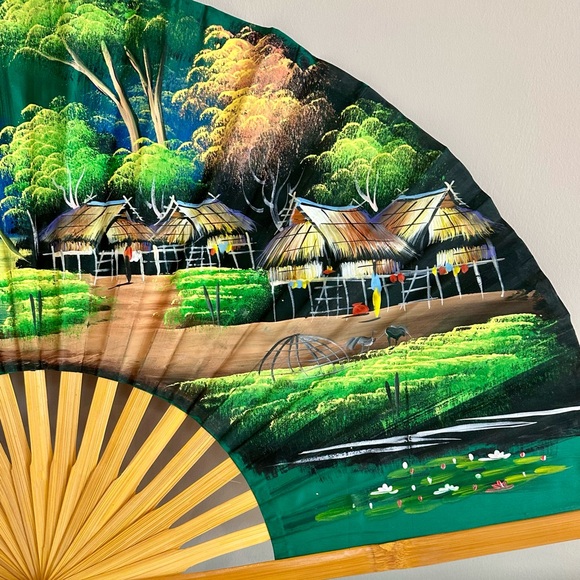 Vintage Silk Screen Bamboo Folding Fan Chinese Thai Asian Oriental Wall Art - Picture 5 of 6